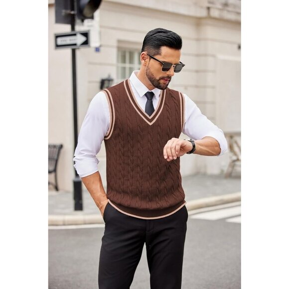 Coofandy Men Brown Fitted V Neck Sleeveless Knitted Pullovers Sweater Vest - Picture 3 of 4